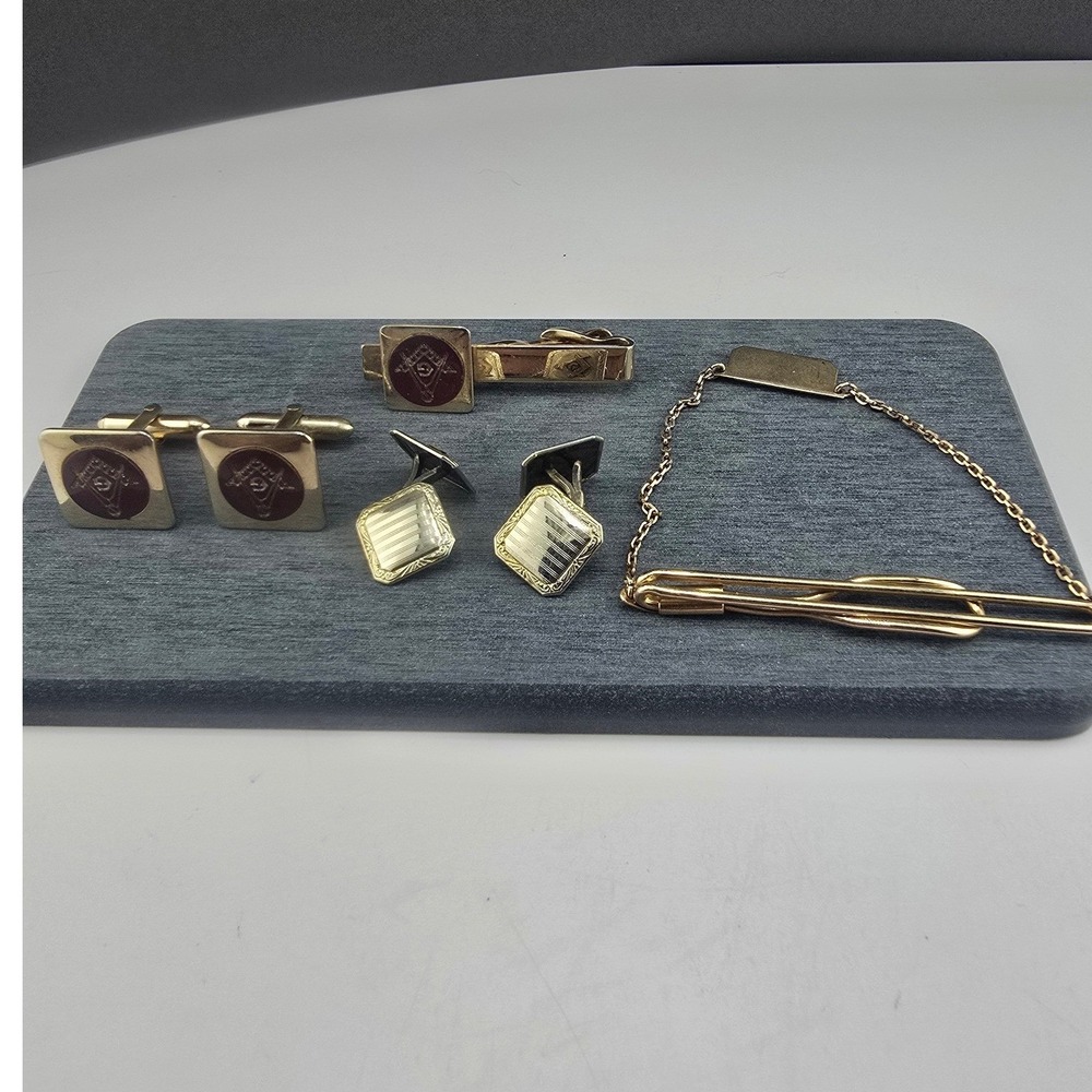 Vintage Swank Estate Masonic Jewelry Lot Gold Tone Tie Clips Cufflinks